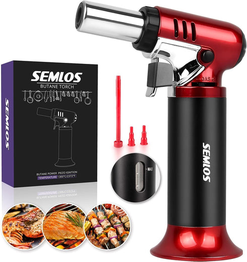 Semlos Refillable Butane Torch with Fuel Gauge - Adjustable Flame Kitchen Lighter for DIY, Creme Brulee, Soldering