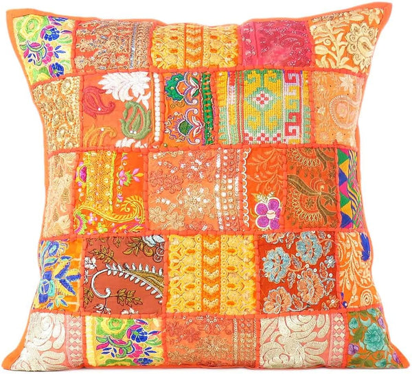 Eyes of India Boho Decorative Patchwork Throw Pillow Cover, Handmade Colorful Cushion Case for Sofa Couch (Orange, 24"
