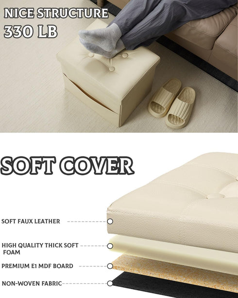 17 Inches Ottoman with Storage Foot Stool, Folding Storage Ottoman, Leather Upholstered Ottomans Foot Rest with Side