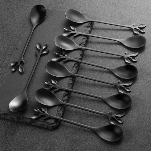 AnSaw Elegant Black Leaf Coffee Spoons, 10-Piece Mini Stainless Steel Espresso & Dessert Spoons