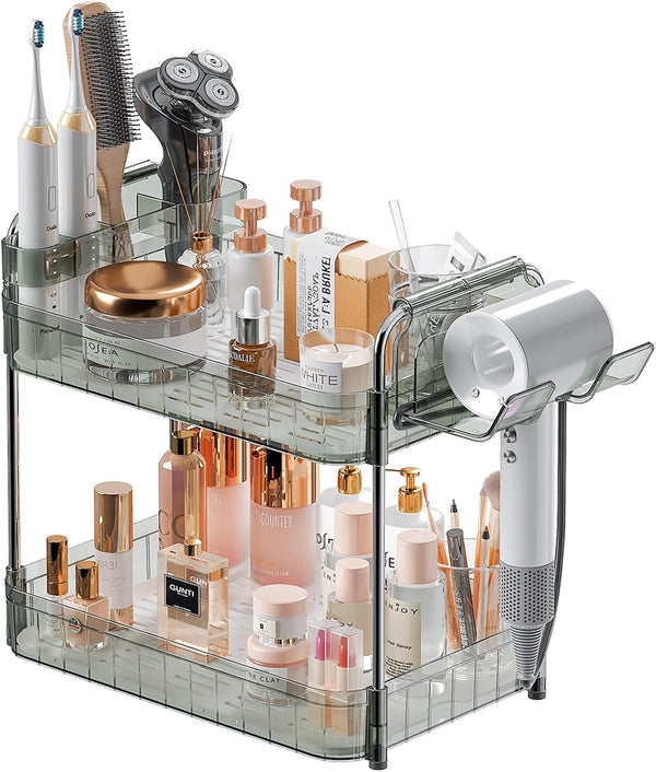 Bathroom Counter Organizer, 2 Tier Makeup Skincare Storage Tray with Hair Dryer