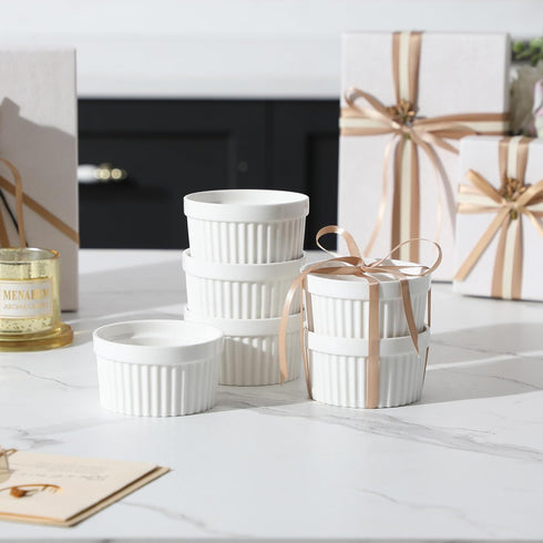 MALACASA Ramekins, 4 oz Oven Safe Porcelain Creme Brulee Cups, Set of 6 White Baking Bowls