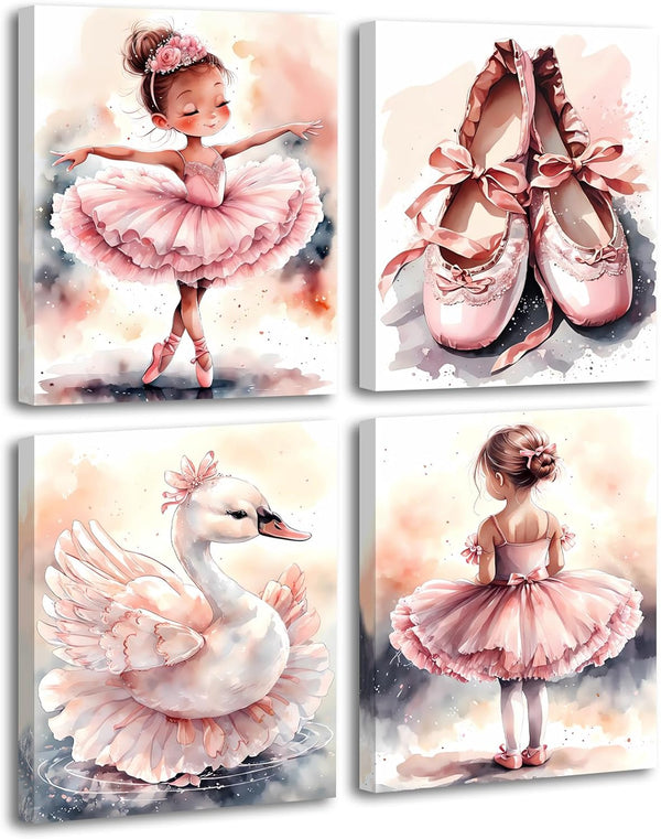 ZOIYINO Framed Pink Ballet Nursery Wall Art,Pink Canvas Wall Art,Girls Ballerina Nursery Bedroom