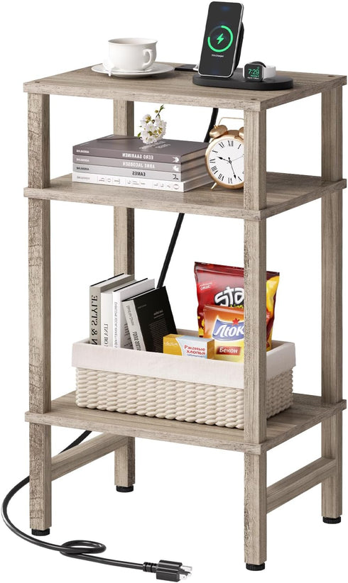 Asgolion 3 Tier End Table with Storage and Fast Charging Station, Tall