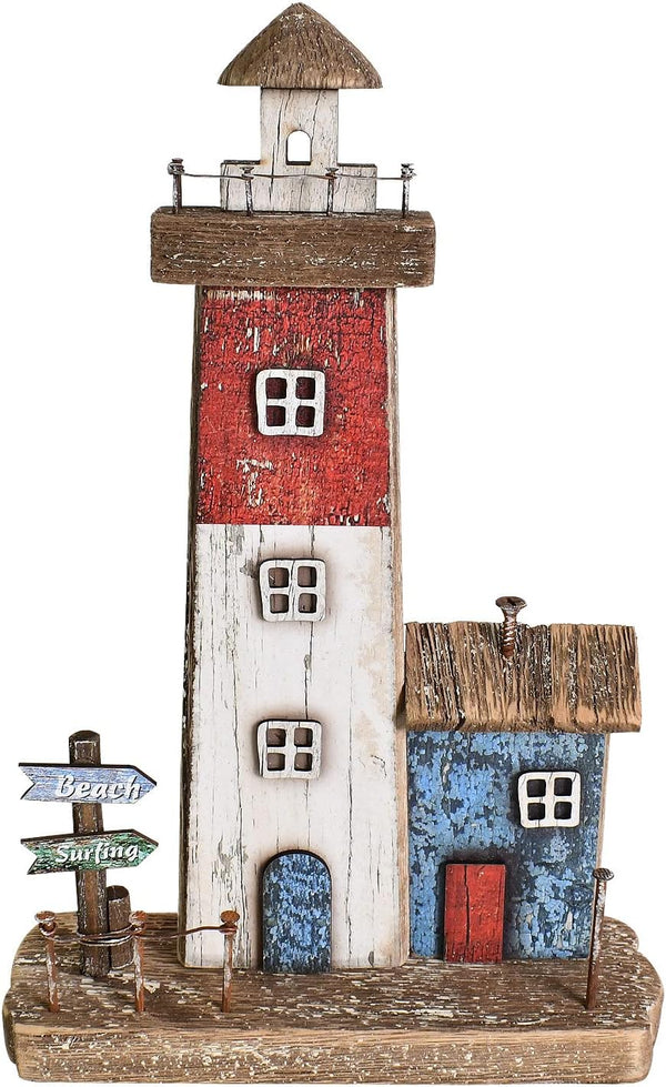 Decorative Lighthouse for Home Decor, 10.16" H Rustic Wood Light House Sculpture, Nautical Beach Tabletop Centerpiece