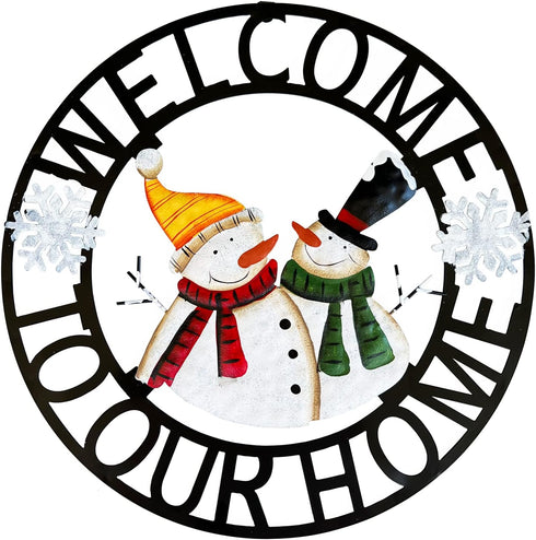 Welcome to Our Home Rustic Metal Snowmen Hanging Welcome Signs for Front Door Wreaths and Garden Decor