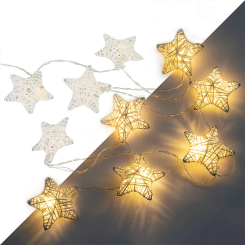 6 ft 10 LED Metal Rattan Style Star String Fairy Lights Garland, Battery Operated, Wedding Holiday Christmas Tree, Warm