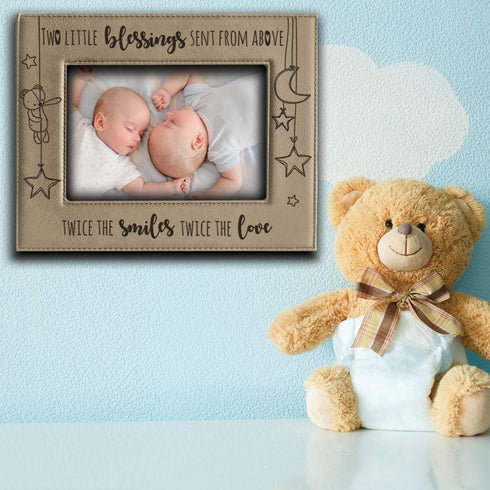 BELLA BUSTA - Twice The Blessings From Above, Twins New Baby Gift - Engraved Leather Picture Frame (5x7 Horizontal)