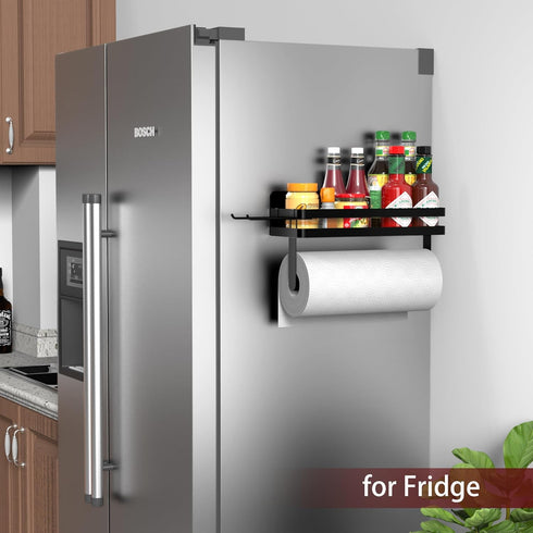 2 ZUNTO Magnetic Paper Towel Holder for Fridge, Black Kitchen Organizer with Towel Roll Holder, Spice Shelf and Hanging