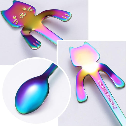 Cat Spoon Coffee Tea Spoon Set, ESRISE Stainless Steel Mini Long Cute Kitten Teaspoons for Dessert Mixing (Multicolor)