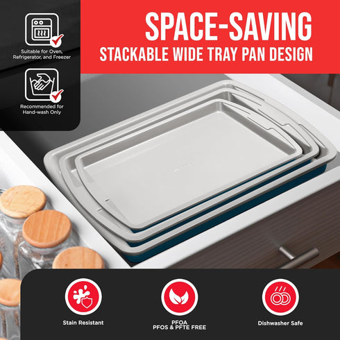 Bakken Swiss Cookie Sheet 3 Piece Set - Non-Stick Stackable Baking Pans with Deluxe Ceramic Coating