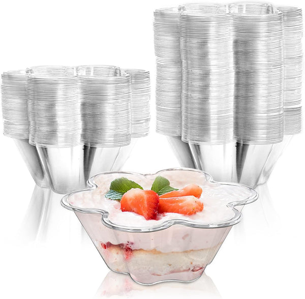 SOUJOY 100 Pack Ice Cream Cup, 8.5Oz Clear Flower Shape Disposable Dessert Serving Bowl