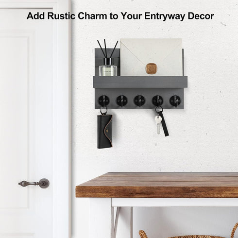 Key Holder for Wall, Decorative Key and Mail Holder with Shelf and Large Hooks for Bags and Coats