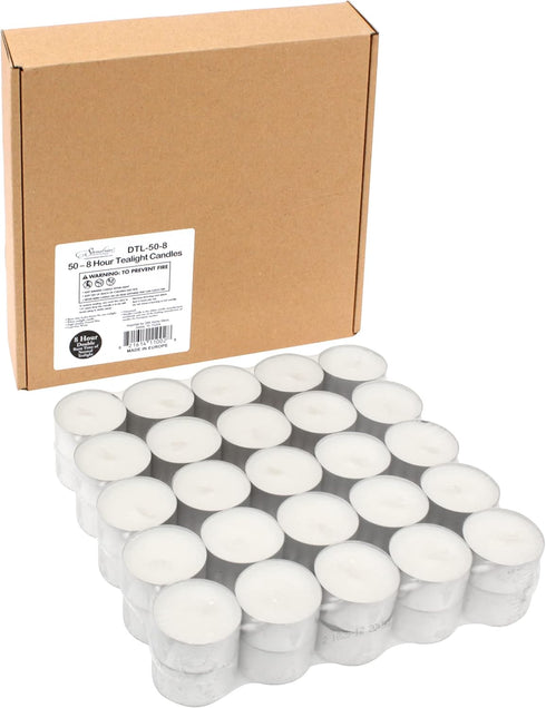 Stonebriar Bulk 50 Pack Unscented Smokeless Long Tea Light Candles, 8 Hour Extended Burn Time, White, 50 Count