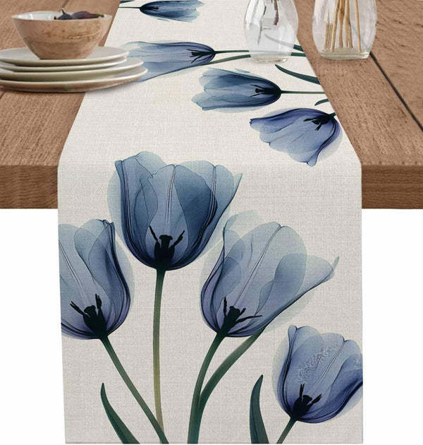 PIEPLE Tulip Blue Table Runner Cotton Linen 72 Inch Holiday Dresser Scarves, Spring
