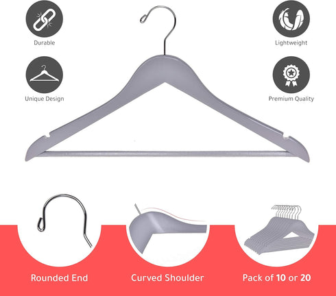 Quality Wooden Hangers Set of 10-Pack - Slightly Curved Solid Wood Coat Hangers with Stylish Chrome Hooks (Gray, 10)