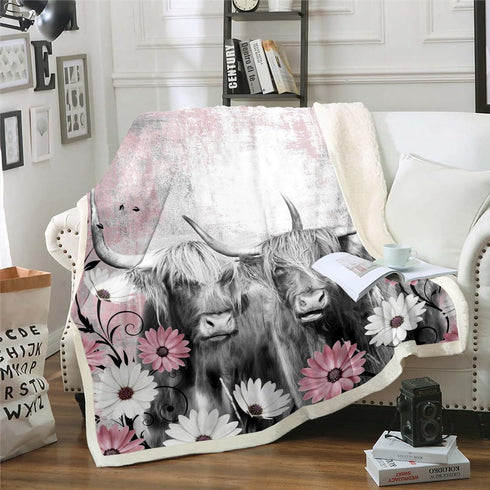 Highland Cow Blanket, 50"x60" Western Farmhouse Throw Blanket, Pink Oil Painting Sherpa Blanket for Living Room