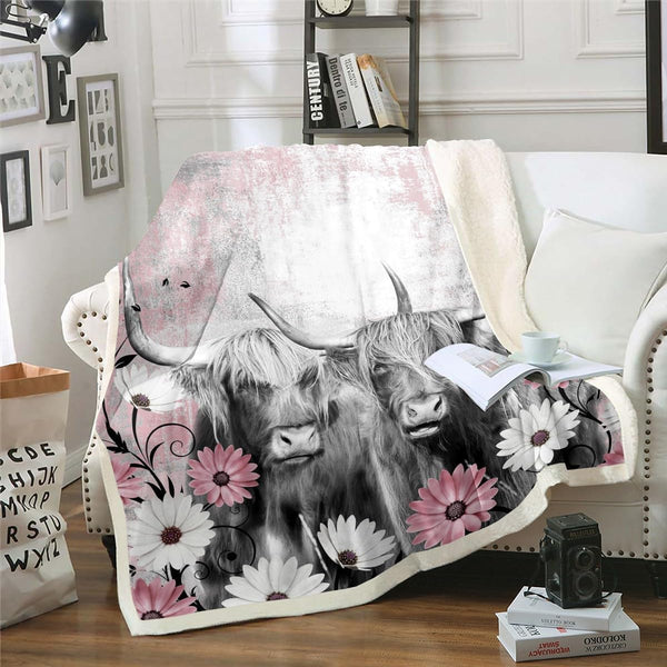 Highland Cow Blanket, 50"x60" Western Farmhouse Throw Blanket, Pink Oil Painting Sherpa Blanket for Living Room