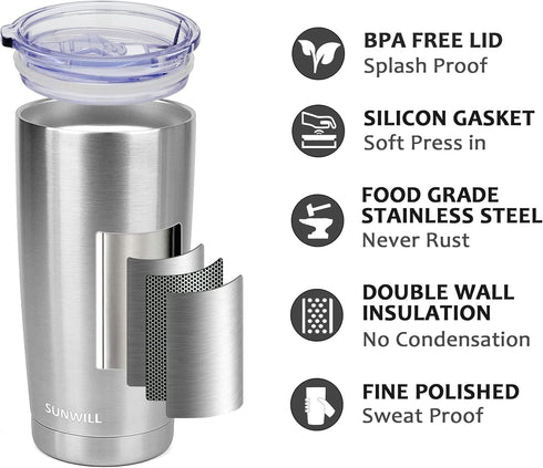 SUNWILL 20 oz Travel Coffee Tumbler, Stainless Steel Insulated Mug with Lid for Hot and Cold Drinks, Silver
