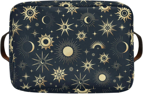 Foldable Canvas Storage Basket with Handles, Sun Moon Star Design, Durable Organizer for Nursery Kids Shelves