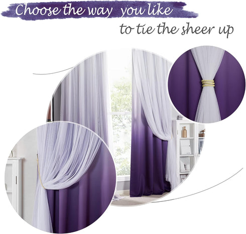 72 inches 52" 2 PONY DANCE Bedroom Curtains Long - Double Layered Ombre Panels with White Sheer Overlay, Purple Bedroom