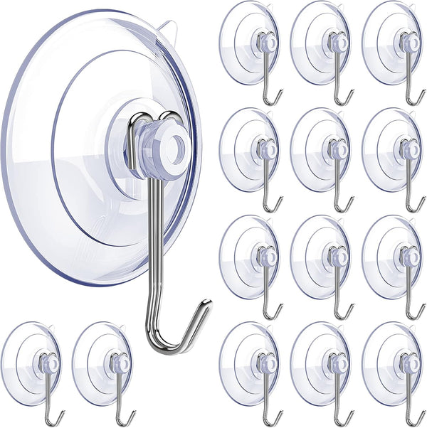 Suction Cup Hooks 15 Pack, 1.77 Inches Clear Suction Cup Hooks for Glass Window Decor, Shower Bathroom, Reusable PVC