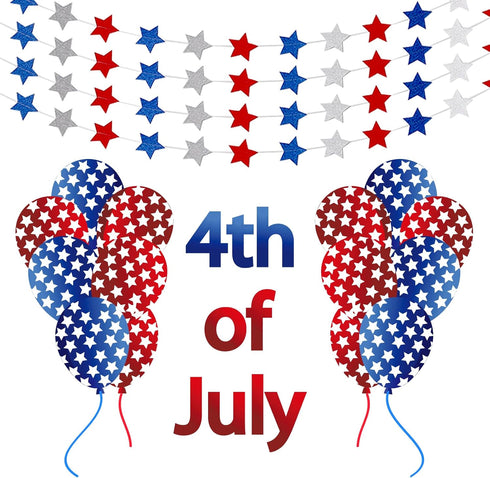 Frienda 44.3 ft Red Blue White Star Streamers, Patriotic 4th of July Decorations, 3 Pack Star Garland