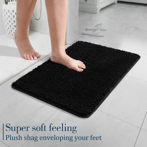 LOCHAS Black Luxury Shaggy Bathroom Rug, 24 x 17 Inch, Washable Non-Slip Plush Chenille Bath Mat for Shower