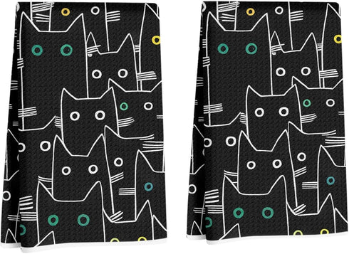 Lovdazzles 2 Pcs Whimsical Cat Kitchen Towels, Seamless Pattern Decorative Absorbent Microfiber Dish
