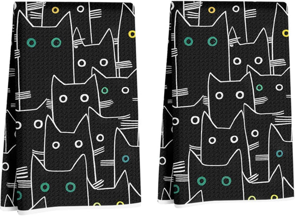 Lovdazzles 2 Pcs Whimsical Cat Kitchen Towels, Seamless Pattern Decorative Absorbent Microfiber Dish