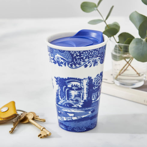 Spode Blue Italian 8oz Porcelain Travel Mug with Lid – Scenic Patterned Drinkware with Decorative Border, Portable