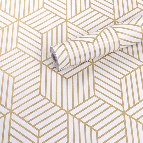 White and Gold Geometry Stripped Hexagon Peel and Stick Contact Paper, Self Adhesive Wallpaper, 118 inch x 17.7 inch