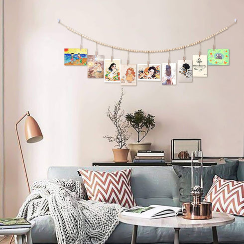 Wall Hanging Photo Display with Wooden Beads Garland, Collage Picture Frame for Boho Home Decor
