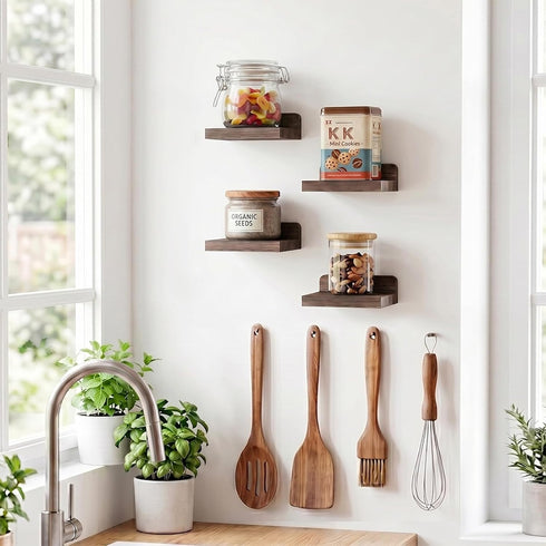 5X5 Inches Set 4, Fixwal Small Shelf for Wall, Floating Shelves of Rustic Wood Small Wall Mounted Shelves for Bedroom