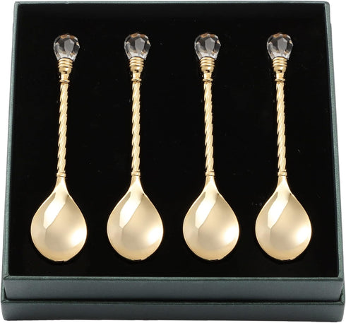 Matashi 24K Gold Plated Crystal Topped Dessert Spoon Set of 4 for Dinner Party, Corporate Gifts, Dining Decor