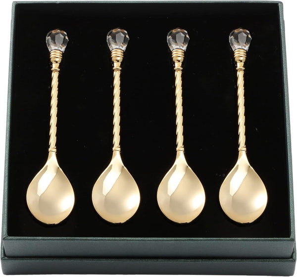 Matashi 24K Gold Plated Crystal Topped Dessert Spoon Set of 4 for Dinner Party, Corporate Gifts, Dining Decor