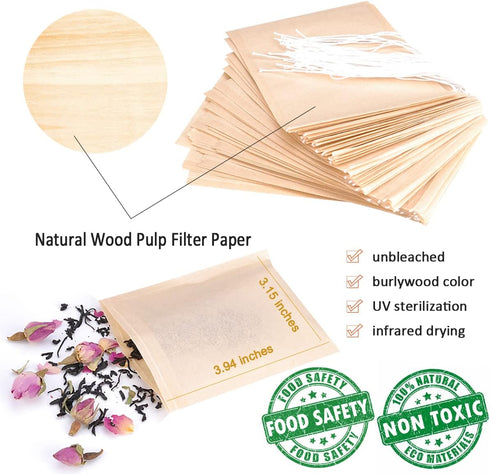 300PCS Disposable Tea Filter Bags with Drawstring, 100% Natural & Safe Loose Leaf Tea Empty Bags