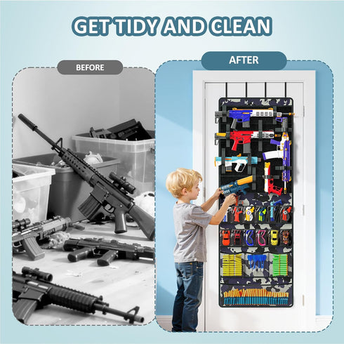 Over The Door Organizer for Toy Guns, Toy Storage, Toys Organizer with Pockets, Hook&Loop Straps for Foam Blasters