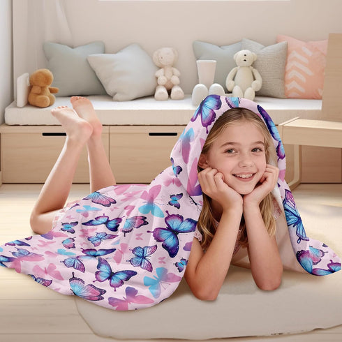 JOPJOLIW 30" 50", Butterfly Hooded Towel for Kids, Blue Pink Butterfly Poncho Blanket for Toddlers x Soft Flannel
