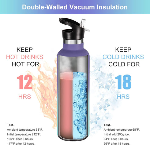 Neihepal 24oz Insulated Water Bottles Bulk 4 Pack, Stainless Steel Double Wall Sport Bottle with Straw Lid, Metal