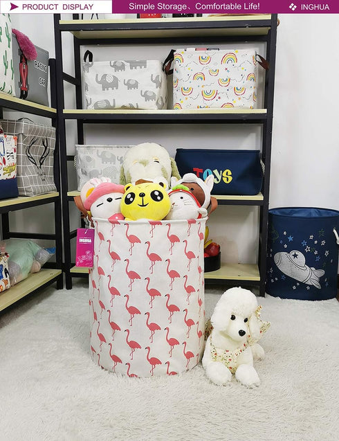 Laundry Hamper Large Canvas Fabric - Lightweight Storage Basket for Toy Organizer and Dirty Clothes (Flamingos)
