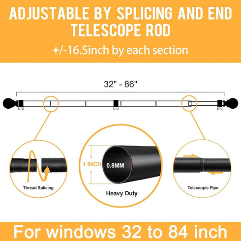 Curtain Rods for Windows 48 to 84, 1 Inch Black Heavy Duty Drapery Rod Set with Adjustable Ball Finials