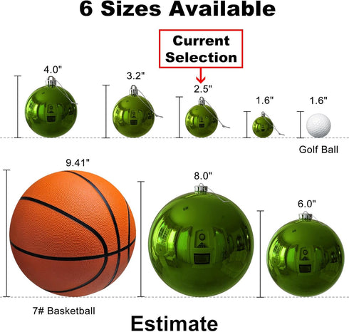 Lime Green 2.5" Christmas Balls, Shatterproof Hanging Ornaments for Tree Decoration, Set of 24pcs