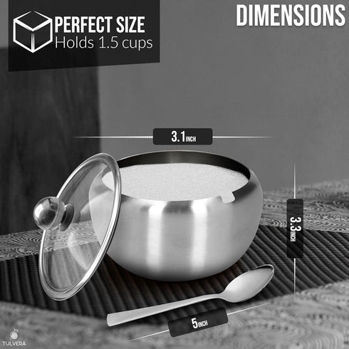 12oz Countertop 350ml Sugar Bowl with Lid and Spoon | Sugar Container for Coffee Bar | Stainless Steel Holder Jar