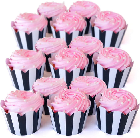 Black and White Striped Cupcake Wrappers - 50 Count, Reversible Scalloped Design for Parties and Events