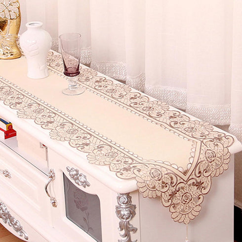 15" X 69" Vintage Flower Embroidered Table Runner, Classic Polyester Lace Cream