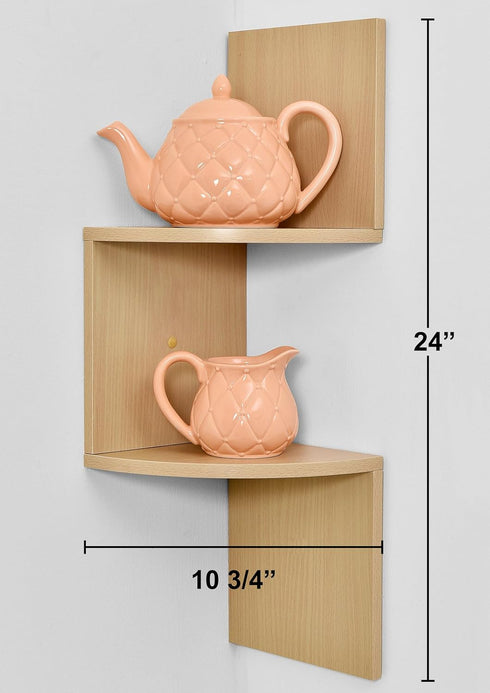 Greenco 2-Tier Corner Shelves, Natural Finish | Floating Wall-Mounted Home Decor Set for Living Room, Bedroom