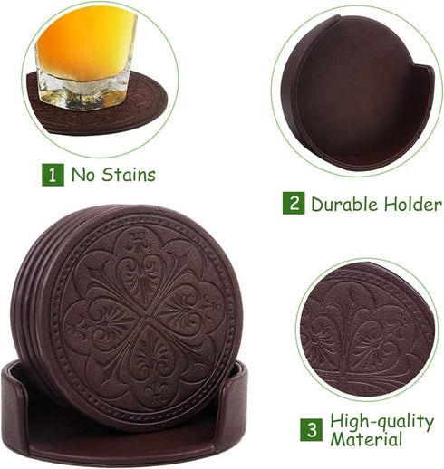 Set 6 Drink Coasters,PU Leather Bar Beer Beverage Coaster for Drinks of with Holder Coasters for Wooden Table Coffee