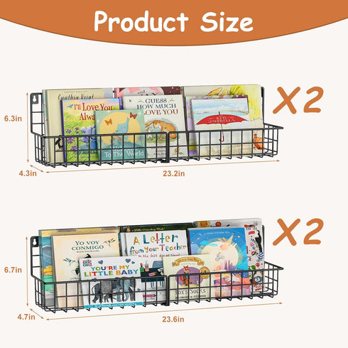 X-cosrack 24 Inch Set 4 Wall Mounted Kids Bookshelf, Floating Metal Book Shelves for Kids Nursery Toddler Classroom