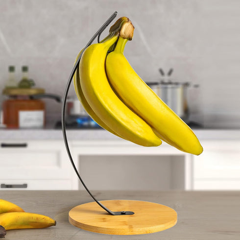 TIEYIPIN Banana Holder, Iron & Bamboo Fruit Stand for Bananas, Grapes & More, Easy Assembly